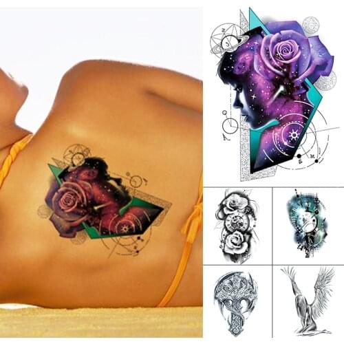 1PCS Rose Galaxy Starry Sky Girl Waterproof Temporary Tattoo Sticker Angel Flash Tattoos Body Art Arm Fake Tatoo