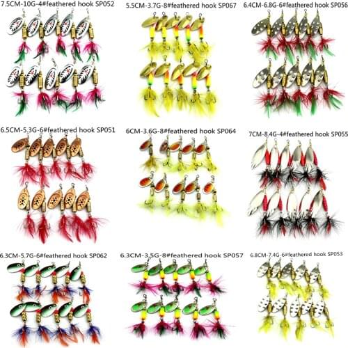 HENGJIA hard metal sequins spinner spoon fishing lures feather hook fishing baits wobble pike bass pesca fishing tackles 10pcs