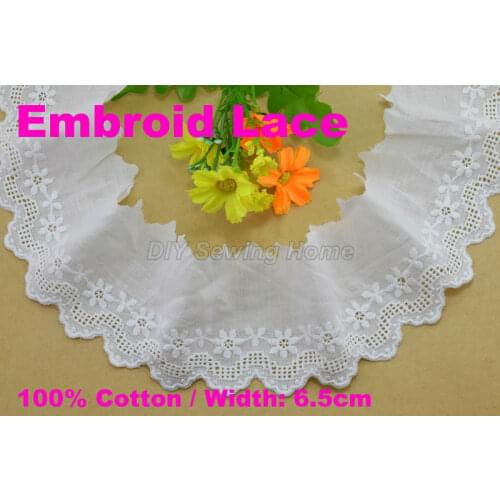 6.5cm width 100% Cotton embroid lace sewing ribbon guipure trim fabric warp knitting DIY Garment Accessories free shipping#3236