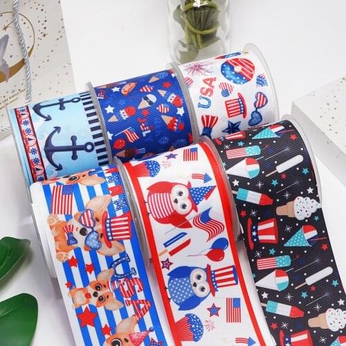 Free shipping 3 inch 4th of July Cartoon Printed Grosgrain Ribbon Craft Suppliers 53404