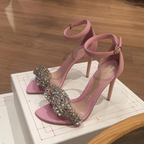 Summer Sandals Sweet Pink Princess Shoes Women Blingbling Irregular Square Toe Diamond High Heels Sandalias Crystal Pumps Shoe