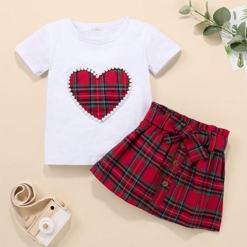 Kids Baby Girls Sets Autumn Clothes Love Heart Plaid Print Sweatshirt+Plaids A-Line Skirts Children Valentines Day Suits 1-5Y