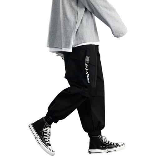 Men Black Pants Multi-Pocket Ribbons Joggers Trousers Men Hip Hop Streetwear Sweaptpants M-XXL