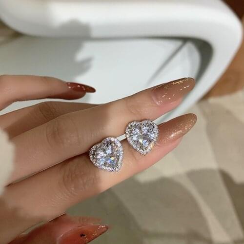 Cute Heart Stone Earrings White Crystal Zircon Stud Earrings For Women Wedding Jewelry Fashion Rose Gold Silver Color Earrings