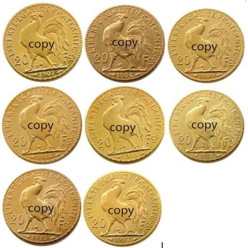 A Set Of(1907-1914) 8pcs France 20 Franc Rooster Gold Plated Copy Coin