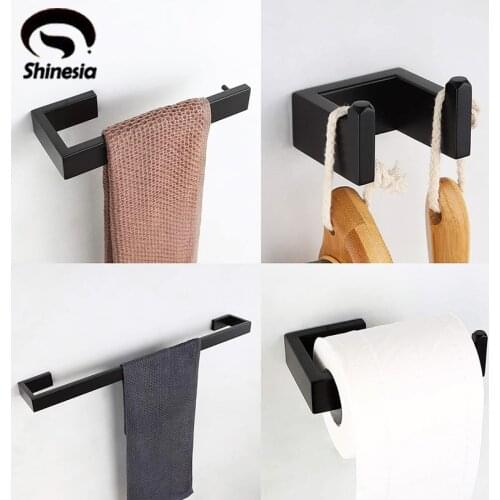 Shinesia Matte Black Bathroom Hardware Set Towel Rail Bar Rack Shelf Robe Hook Tissue Paper Holder Bathroom Accessories