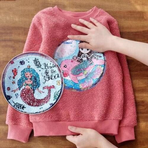 New 2021 Kids Girls Cute Sweatshirts Unicorn Mermaid Discolored Sequin Cartoon Tracksuit Thick Plush Children Clothing