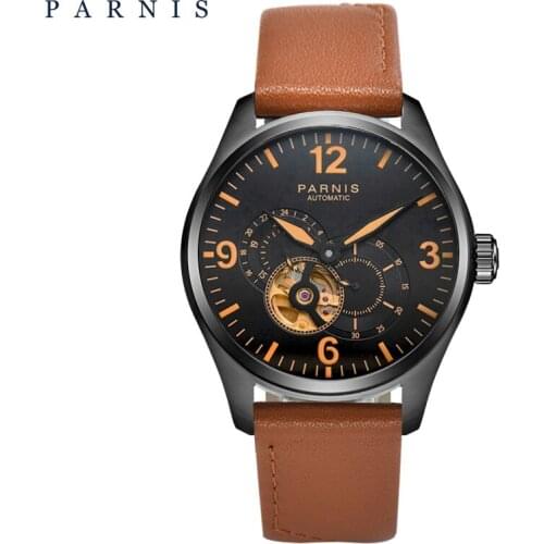 New Parnis Mens Tribullon Automatic Mechanical Watch Skeletons Miyota 821A Movement Men Leather Luminous Watches 2019 man gift