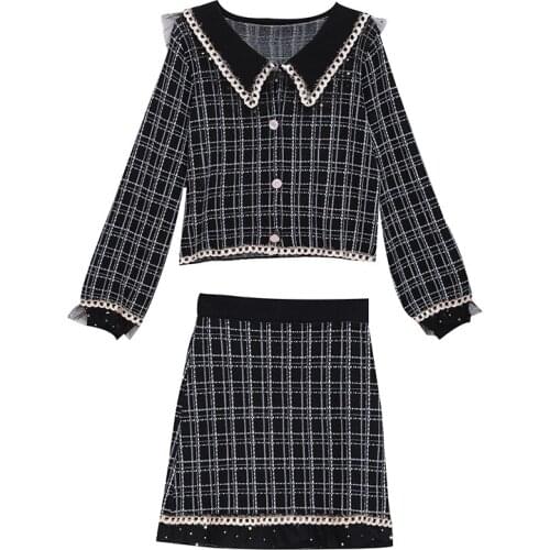 Spring Fall Winter Cardigan Coat Lattice Plus Size 2 Piece Set Women Suit Skirt Set Conjunto Feminino Year-old Femal Costume