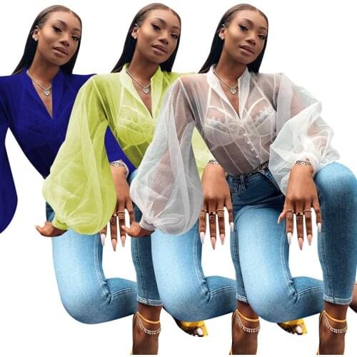 2019 Autumn Chiffon Tee Shirt Women Fashion Elegant Solid Color V-Neck Lantern Sleeve Transparent Sexy Casual Tops Tee Shirts