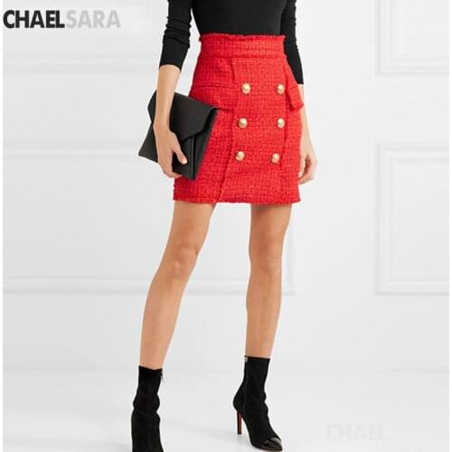 Autumn Winter Skirt for Women Lion Buttons Embellished Tassel Tweed Wool Mini Skirt