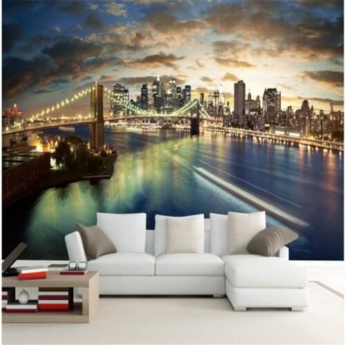 Beibehang Personalized custom wall paper New York Brooklyn Bridge night living room TV background wall