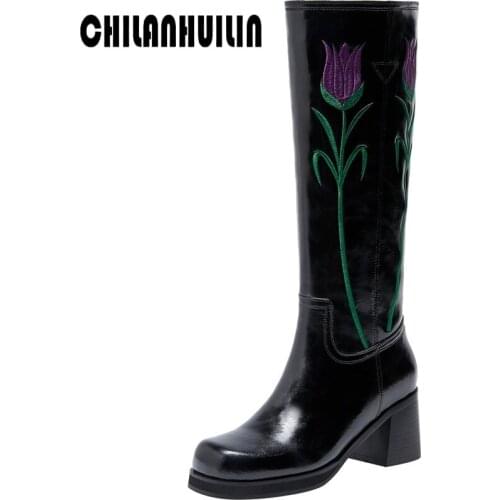 Luxury embroidered full cow leather knee high boots woman thick heels autumn winter fashion riding boots lady dress shoes women