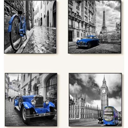 Modern Blue Car And Bicycle Landscape Wall Art Poster Paris London Pictures On Canvas Prints Painting For Living Room Cuadros