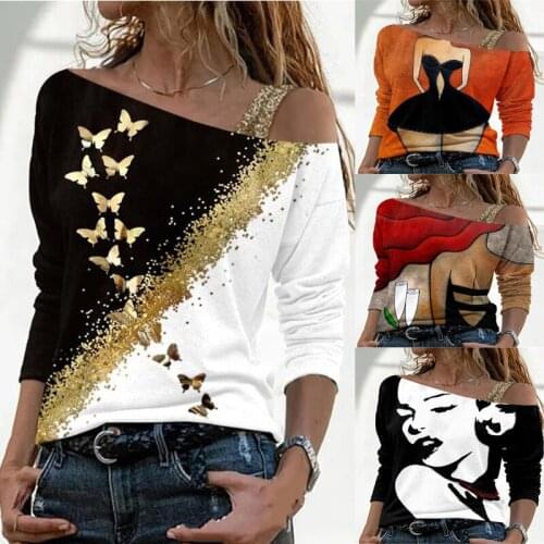 Sexy Strapless V-Neck Off Shoulder Butterfly Graphic Print T Shirt Women 2021 Clothes Casual Ladies Tops Long Sleeves Tee Shirts