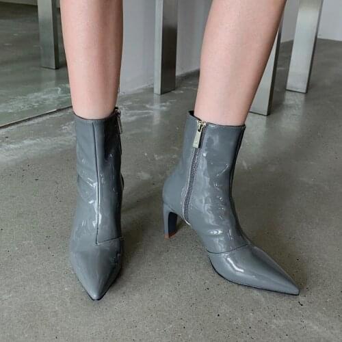 New style boots womens fashion European style temperament patent leather niche womens boots pointed toe square heel ankle boot