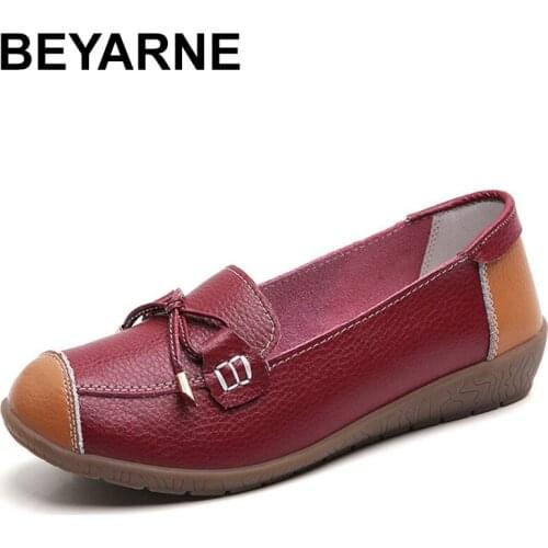 BEYARNE Spring Autumn Womens Loafers Genuine Leather Woman Flats Shoe Slip On Butterfly Knot Female Moccasins Shoes Plus Size