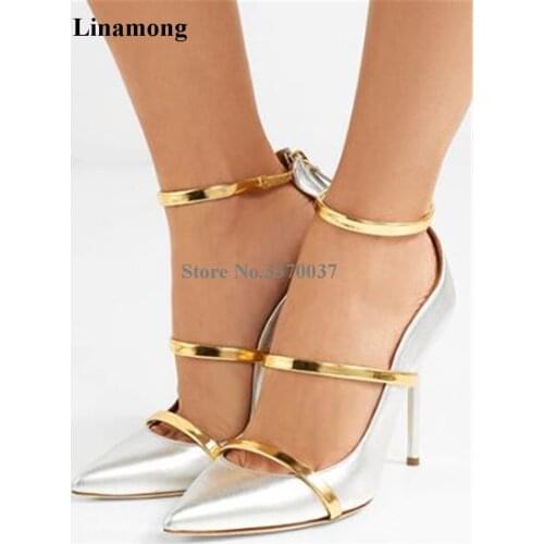 2018 New Fashion Women Pointed Toe Special Shallow Cut Straps Thin Heel Pumps Silver Back Zipper-up High Heels Club Shoes