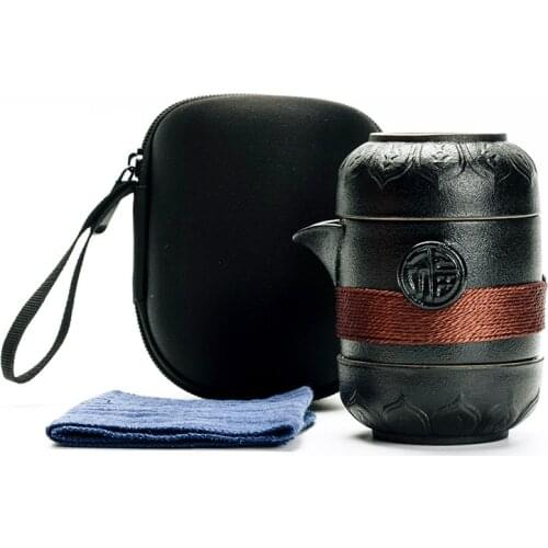 Black Pottery Express Cup, One Pot, Two Concentric Cups Portable Travel Tea Set