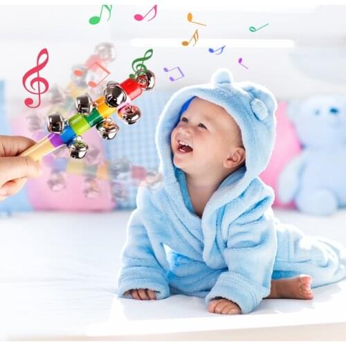 Wooden Rattle Rainbow Color Stick Hand Bell Music Shaker Kids Toys Random Jingle Bell Early Educational Toy