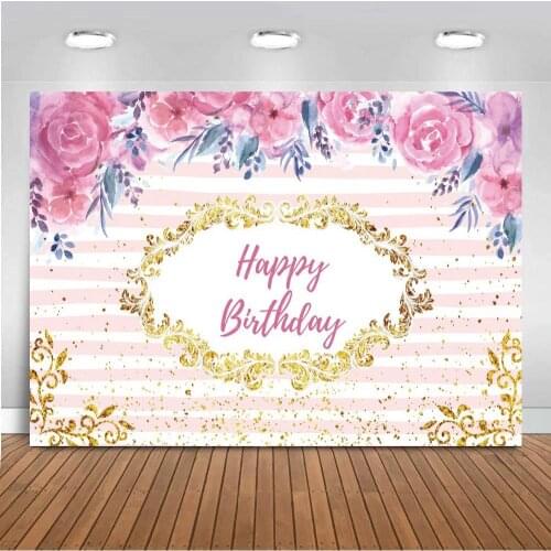 Golden Lip Print Shape Women Birthday Photo Backgrounds Floral Flowers Tassel Pink Striped Cake Table Wall Decor Backdrops