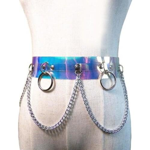 Harajuku Holographic Men Women Wide Waist Belts PU Circle Punk Gothic Chain Link Metal Strap Fashion Black O-ring Punk Wide Belt