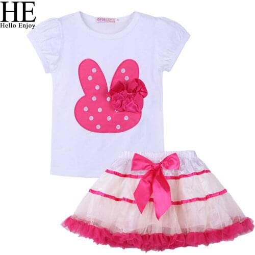 HE Hello Enjoy Girls Clothing For Toddlers Cartoon Short Sleeve Rabbit T-shirt+Bow Tutu Skirt Suit Children Clothes Girls Sets