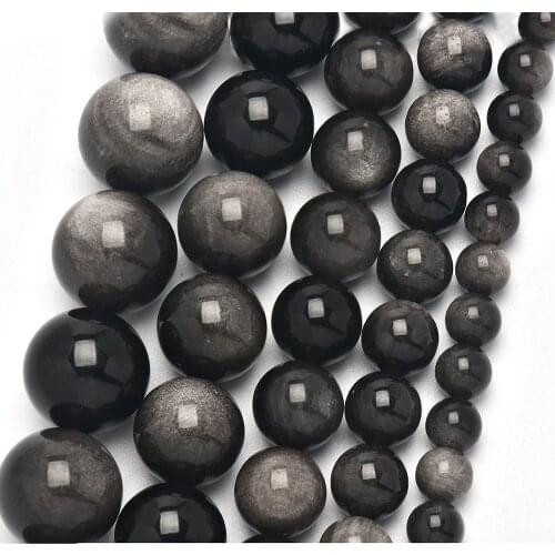 6/8/10/12/14mm Natural Silver Obsidian Gemstone Round Loose Beads Crystal Energy Stone Healing Power for DIY Jewelry Making