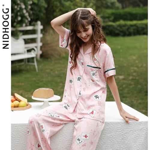 Summer Women Pajamas Cute Short Sleeve Pants Lounge Wear Mahjong Print Satin Sleepwear Two Piece Set Home Clothes Sexy Nightwear