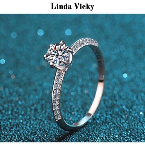 LINDA VICKY 2021 Six Claw Fine Moissanite Ring Luxury Evening Jewelry Girl Birthday Gift Rhodium Plated 925 Silver Diamond Rings