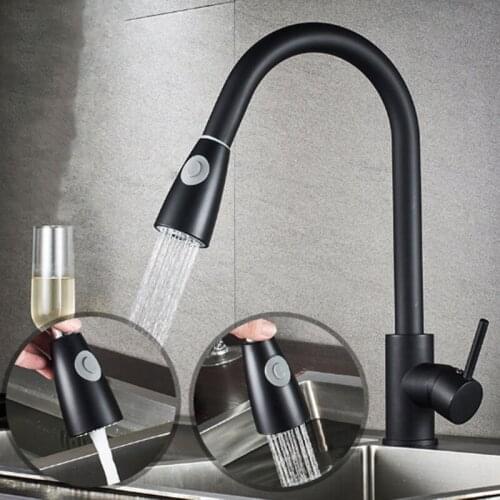 Copper Kitchen Pull-out Faucet, Rotatable Hot and Cold Black Faucet, Sink, Vegetable Basin, Splash-proof Faucet