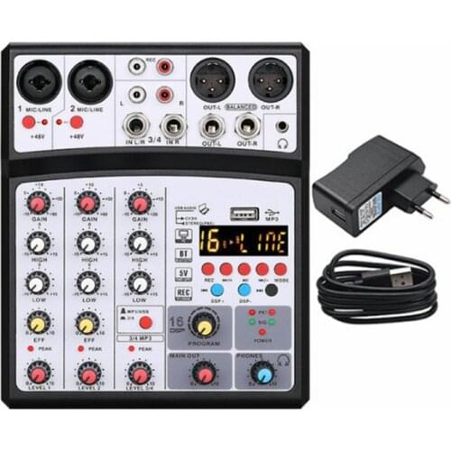 Protable Mini Mixer Audio DJ Console 4-channel with Sound Card, USB, 48V Phantom Power for PC Recording Singing Webcast Party