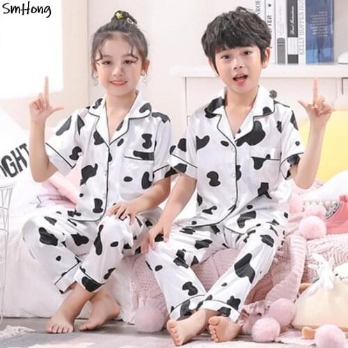 Boys Cow Animal Pajamas Sets Children Silk Sleepwear Girl Satin Pajamas Summer Clothing Sets 3 to 14 Years Kids Silk Pajamas