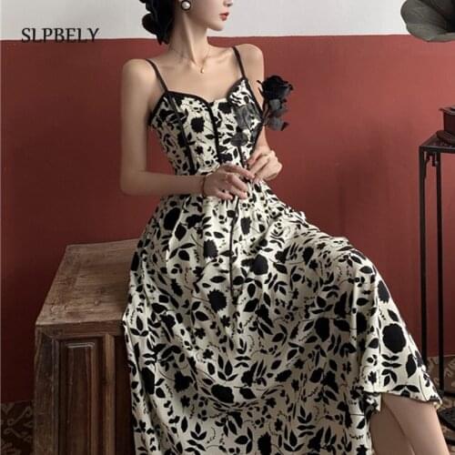 SLPBELY Vintage Sling Maxi Dress For Women Summer Hepburn Floral Printed Spaghetti Strap Sleeveless Dress Elegant Party Dress