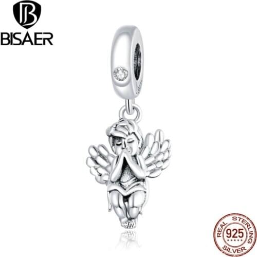 BISAER Little Angel Charms 925 Sterling Silver Beads Pendant fit Original Bracelets DIY Necklace Jewelry ECC1686