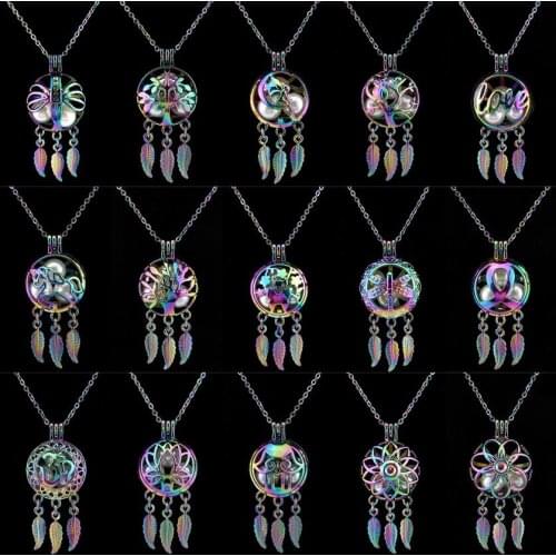 Rainbow Color Dream Catcher Lotus Insect Love Angel Perfume Diffuser Oyster Pearl Cage Locket Chain Necklaces Jewelry