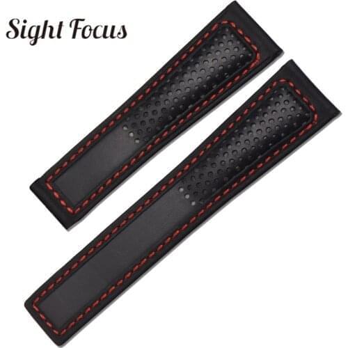 22mm Perforated Leather Watch Band for TAG_Heuer CARRERA Cowhide Leather Watch Strap Black Red Stitching WatchBand Replacement