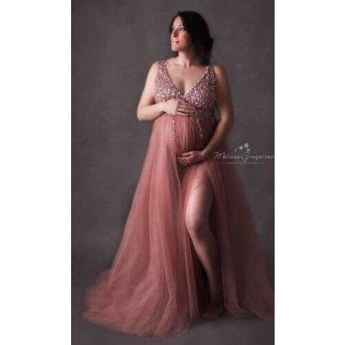 Luxury Bridal Pregnancy Tulle Dresses With Crystals Beadings Deep V Neck Front Slit Maternity Dressing Gowns For Photo Shoot