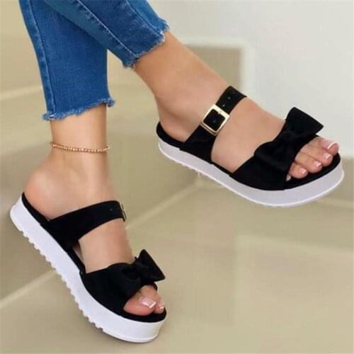 2021 Women Sandals Leisure Platform Slippers Beach Light and Comfortable Sandals One Word Buckle Open Toe Shoes New Bow Sandals