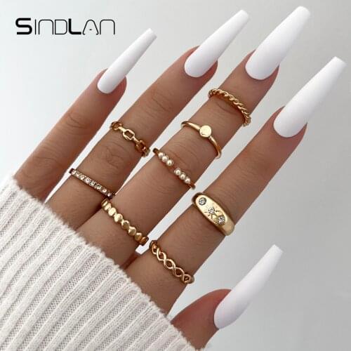 Sindlan 8Pcs Vintage Crystal Gold Rings for Women Kpop Pearl Star 2021 Trendy Female Boho Fashion Wedding Jewelry Anillos Hombre