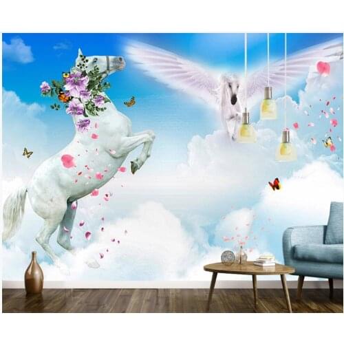 High-end custom photo any size 3d wallpaper Pegasus jumping against blue sky and white clouds flowers 3d wall murals wallpaper