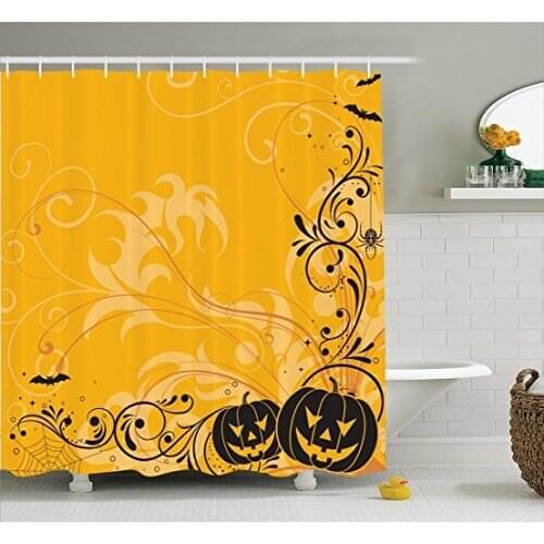 Halloween Shower Curtain Carved Pumpkins With Floral Patterns Bats And Spider Web Horror Themed Artwork Bath Curtains
