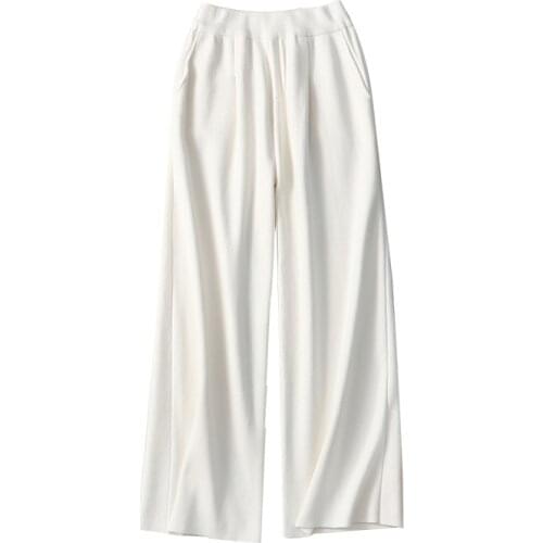 Women autumn winter trousers cashmere wool blend knit pants full long wide leg high waist white black grey XS-2XL