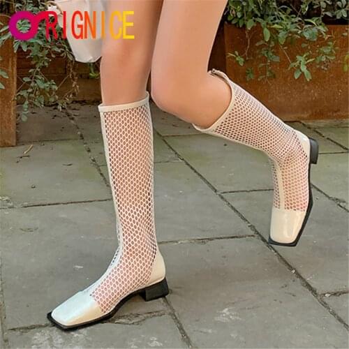 Orignice Summer New Sexy Breathable Zipper Low Heels Boots Genuine Leather Fashion Hollow Out Square Toe Mesh Roman Sandal Women