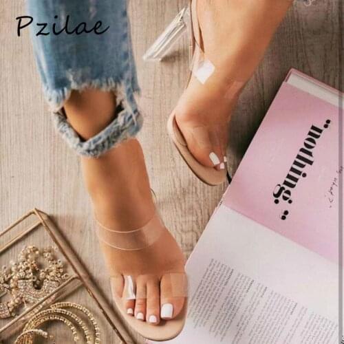 Pzilae new fashion transparent PVC jelly sandals slippers in high heels slip on women shoes open toe clear crystal heels slides