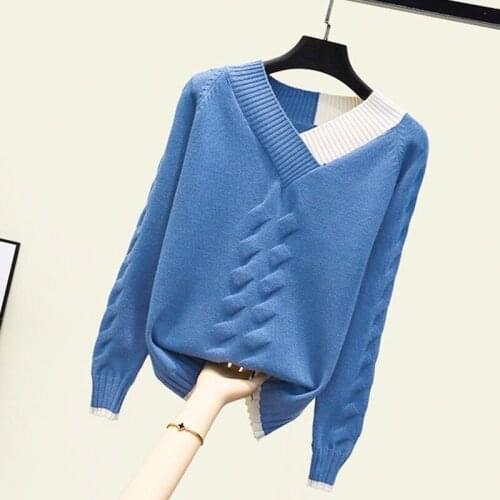 Autumn Winter Womens Sweater Long Sleeve Loose V-neck Knitwear Korean Color Matching Knitted Pullover Femme Tops Jumper Full H97
