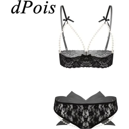 Womens Sheer Lace Underwear Spaghetti Shoulder Straps Underwired Open Cups Lace Bra Top with G-String Briefs Sexy Lingerie Set