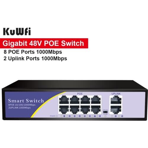 10 Ports POE Gigabit Switch 48V VLAN 10/100/1000Mbps 8 POE 1000M Port+2Uplink Port Network Switch for CCTV IP Camera Wireless AP