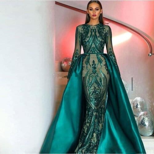 2021 New Dark Green Actual Image Prom Dresses Long Sleeves Sequined Lace Mermaid Detachable Train Sequins Plus Size Evening Part