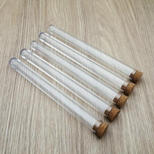 50Pcs 15x150mm Clear Plastic Test Tubes With Cork plug Round bottom bath salt vial Wedding Favor Gift Tube School Lab Supplies